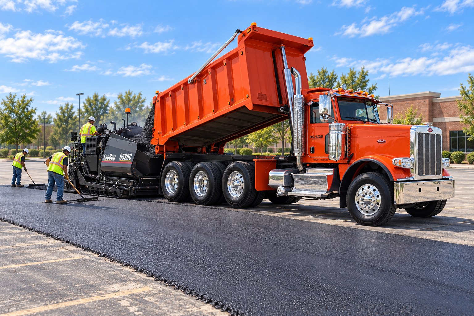 Illustrative recreated scene of Michigan Roads equipment working on a commercial parking lot