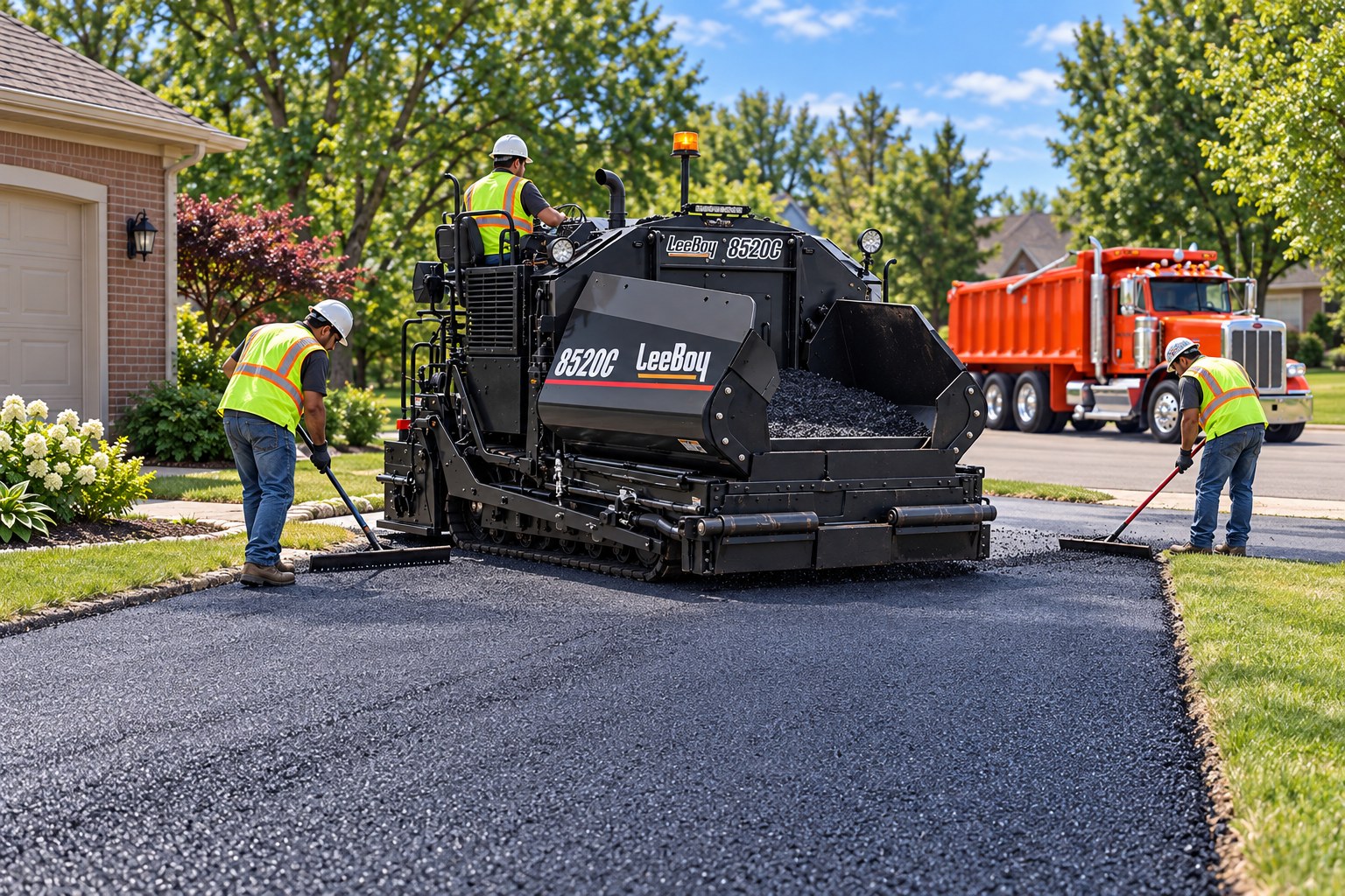 Illustrative recreated scene of Michigan Roads equipment working on a residential driveway